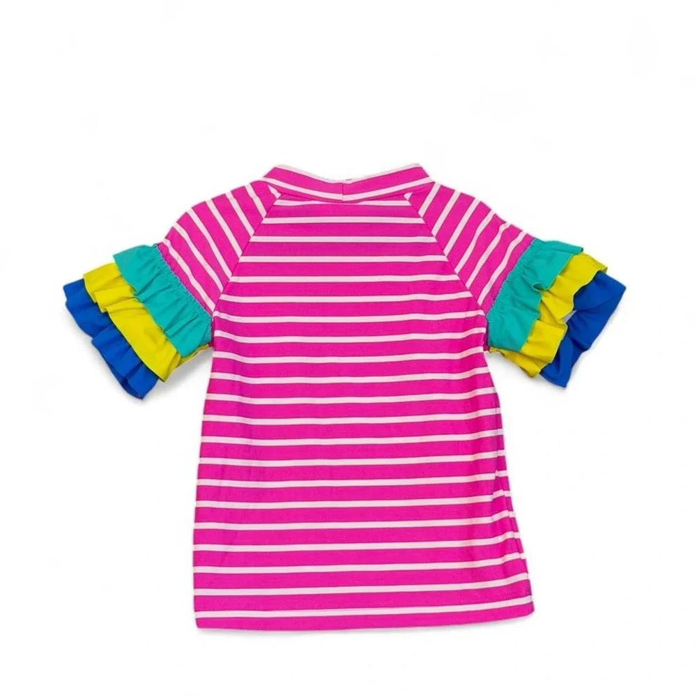 Mini Boden Girl's Pink Stripe Unicorn Appliqué Rash Guard Swim Top | Size 4-5